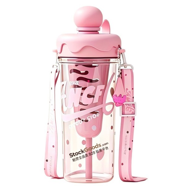 880ml Light Pink Ice Cream Lid Letter Print Straw Cup with Shoulder Strap & Tea Filter